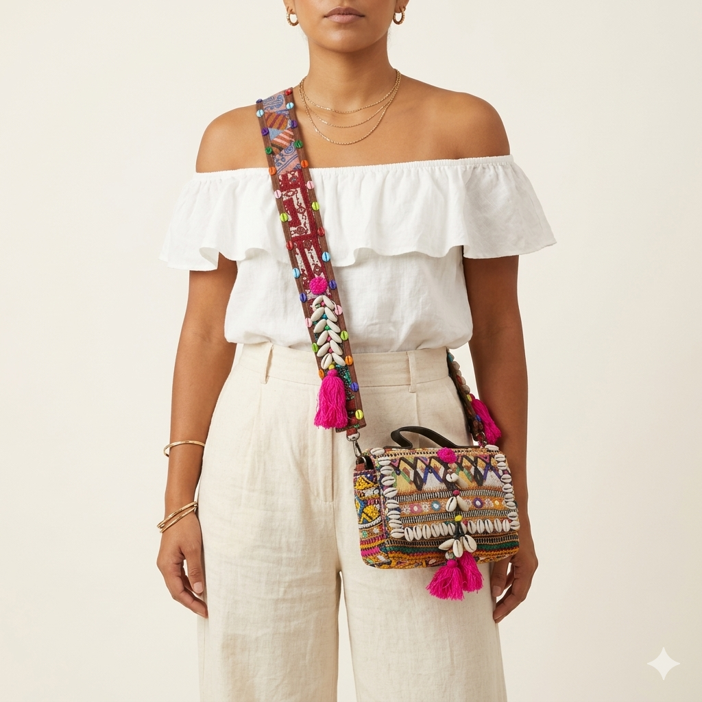 Shell Tassel Bandhej crossbody bag front view — Mystic Dhaga