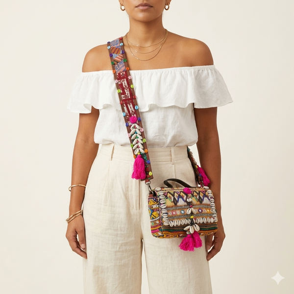 Shell Tassel Bandhej crossbody bag front view — Mystic Dhaga