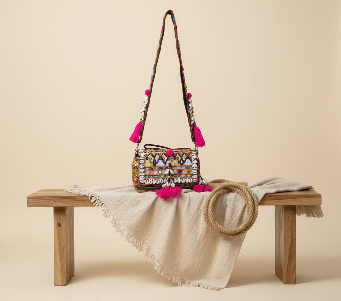 Shell Tassel Bandhej crossbody bag side view showing depth