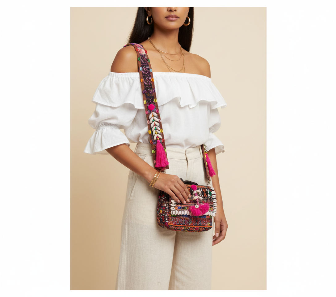 Shell Tassel Dhamaal crossbody bag front view — Mystic Dhaga