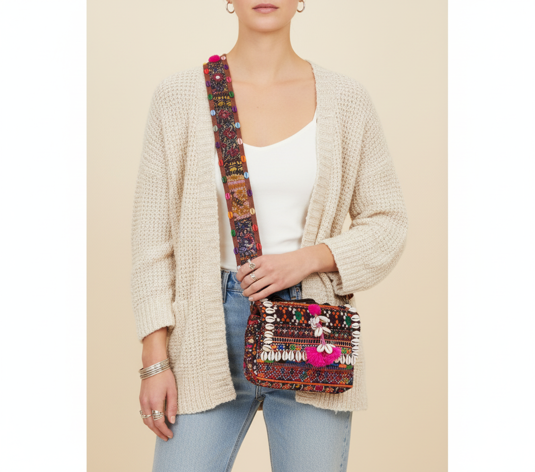 Shell Tassel Dhamaal crossbody bag side view showing depth