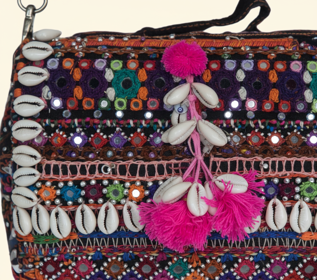 Close-up of Dhamaal cowrie shell & tassel detail