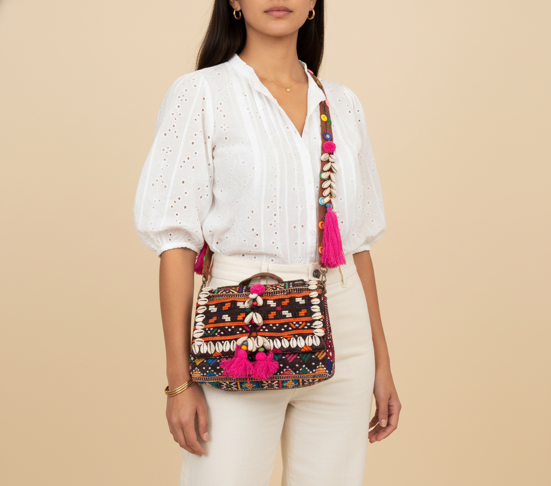 Shell Tassel Banjara crossbody bag front view — Mystic Dhaga