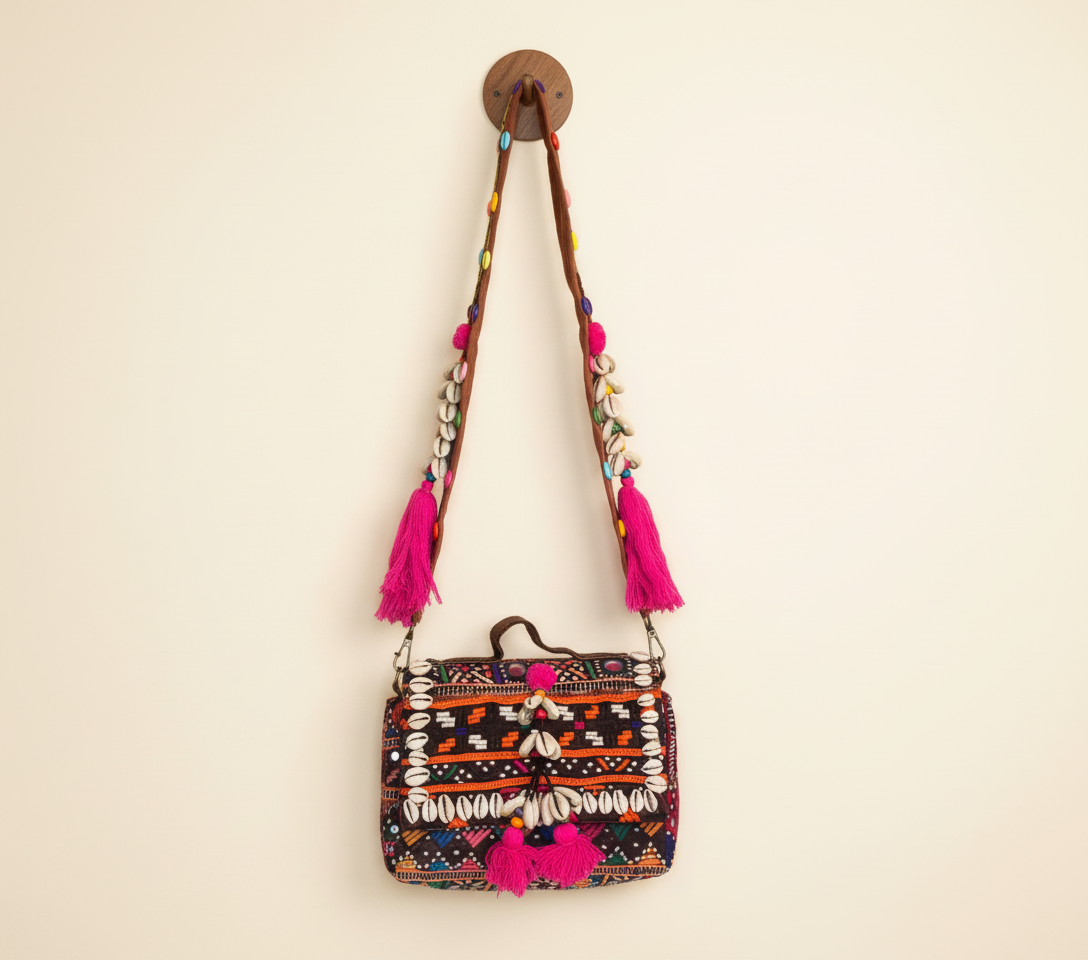 Shell Tassel Banjara crossbody bag side view showing depth