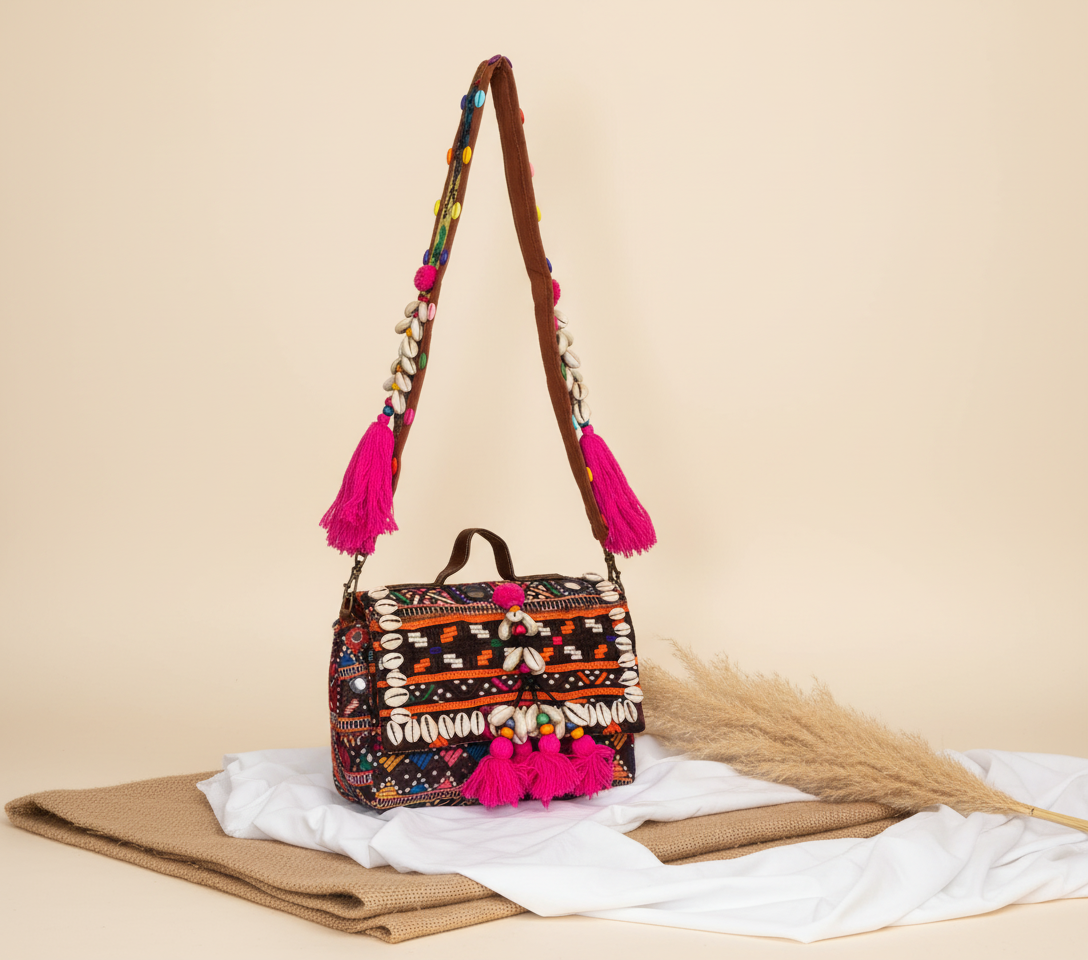 Shell Tassel Banjara crossbody bag isometric angle