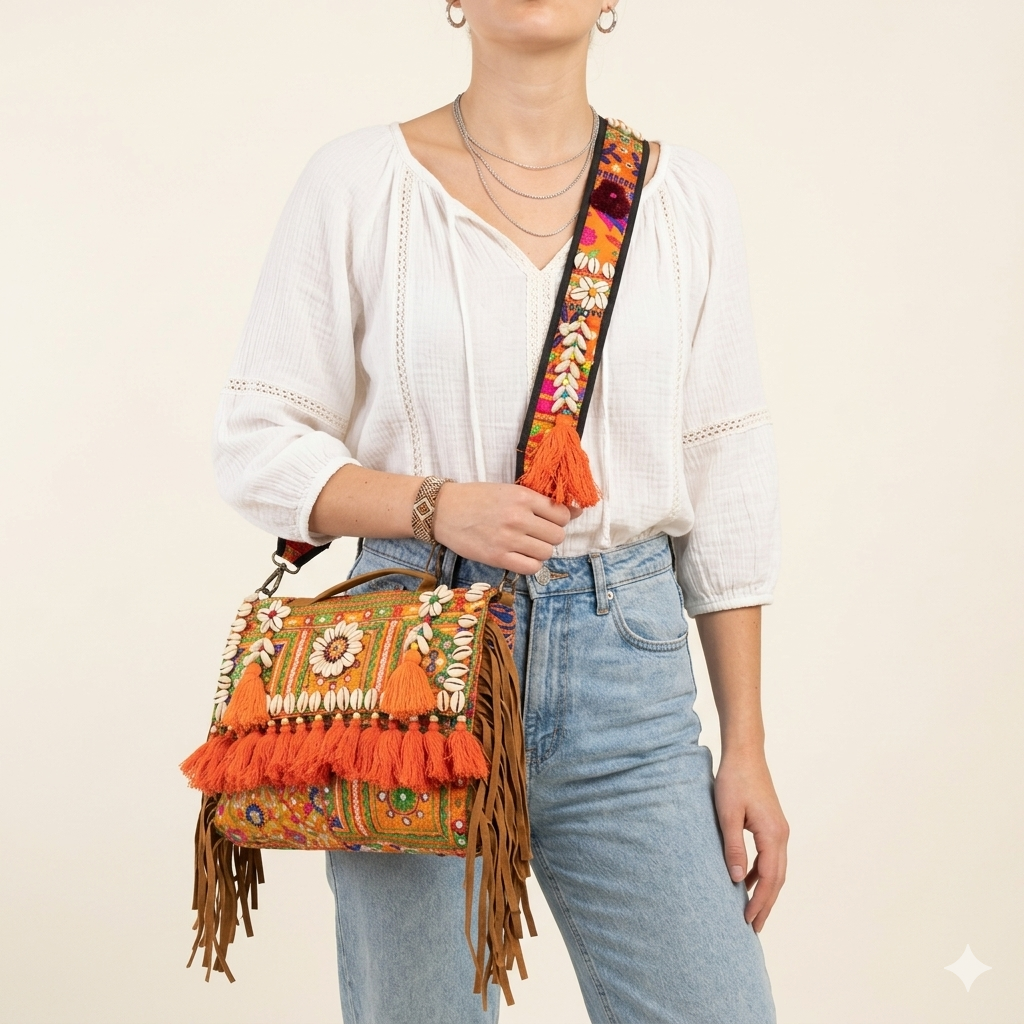 Shell Tassel Kesari crossbody bag front view — Mystic Dhaga