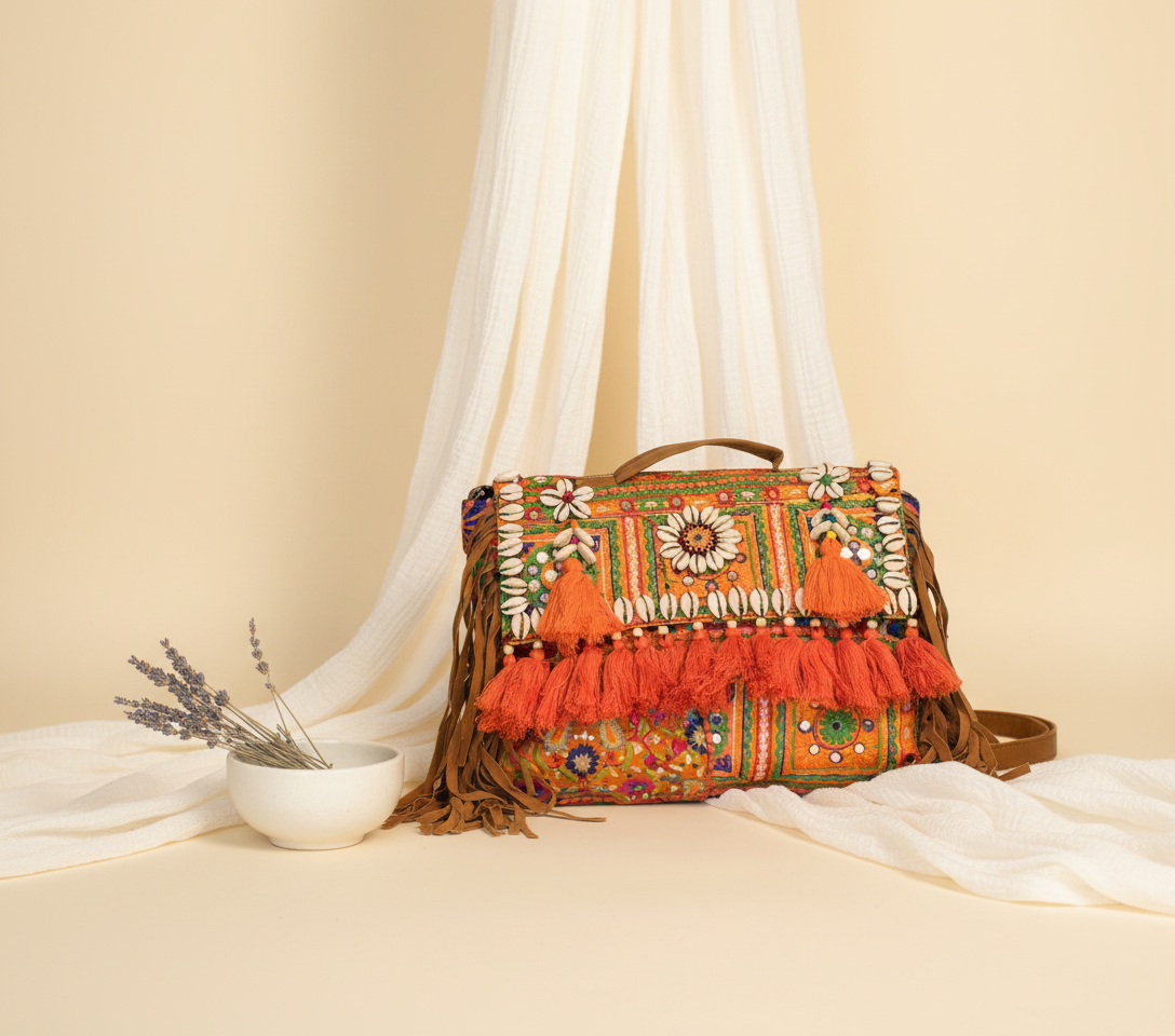 Shell Tassel Kesari crossbody bag side view showing depth