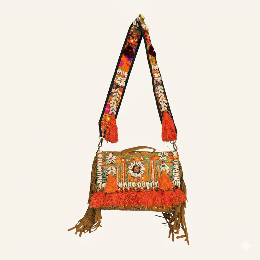 Close-up of Kesari cowrie shell & tassel detail