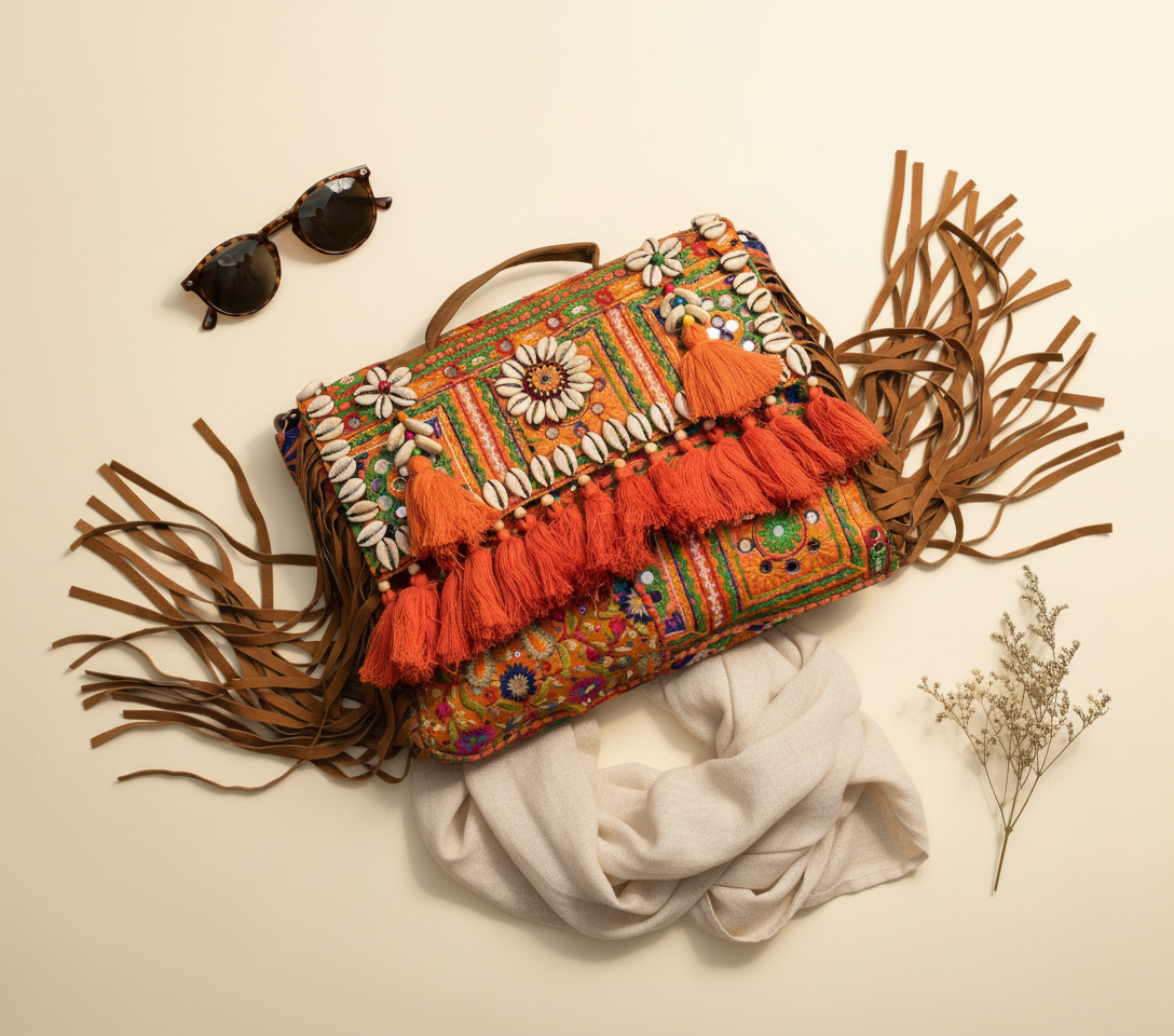 Model carrying Shell Tassel Kesari crossbody bag — boho style