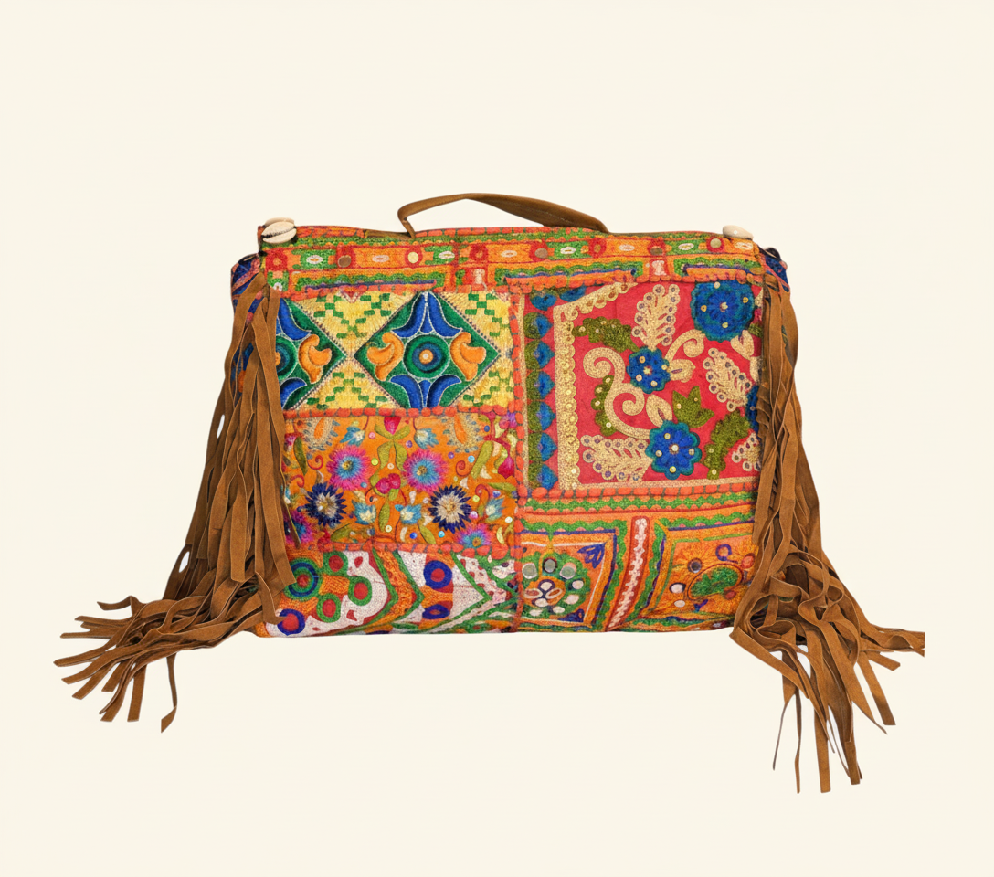 Shell Tassel Kesari crossbody bag styled on hook — Mystic Dhaga