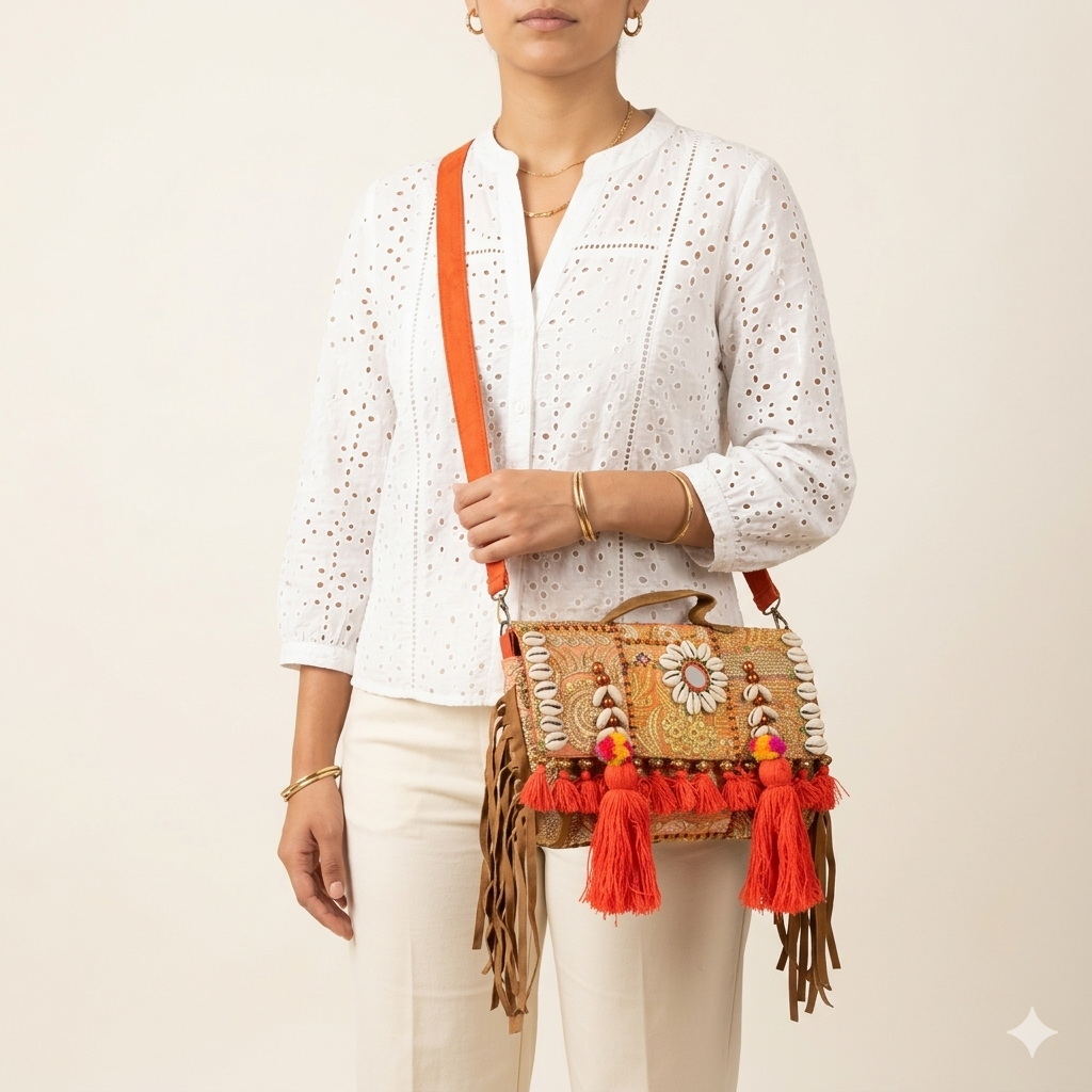 Shell Tassel Narangi crossbody bag front view — Mystic Dhaga