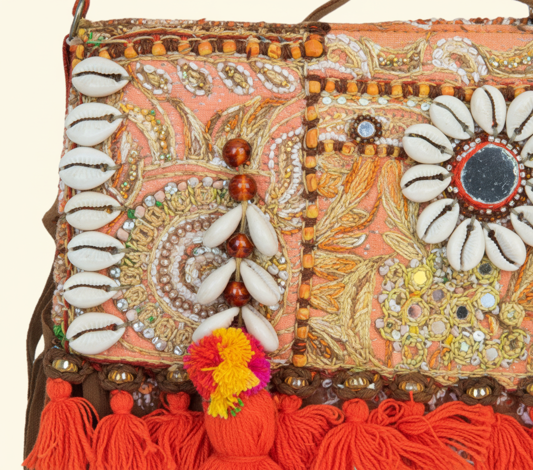 Shell Tassel Narangi crossbody bag side view showing depth