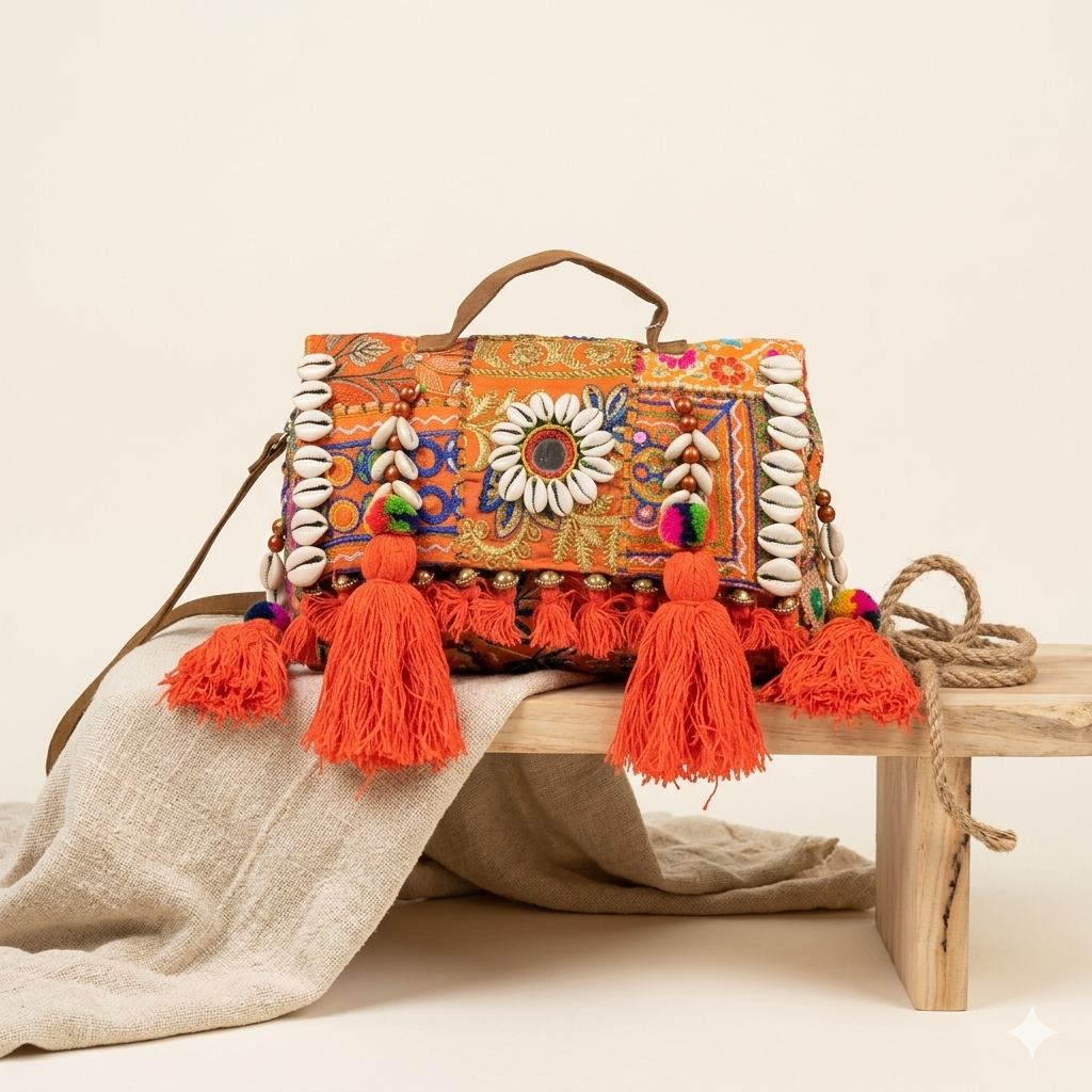 Shell Tassel Sandhya crossbody bag front view — Mystic Dhaga