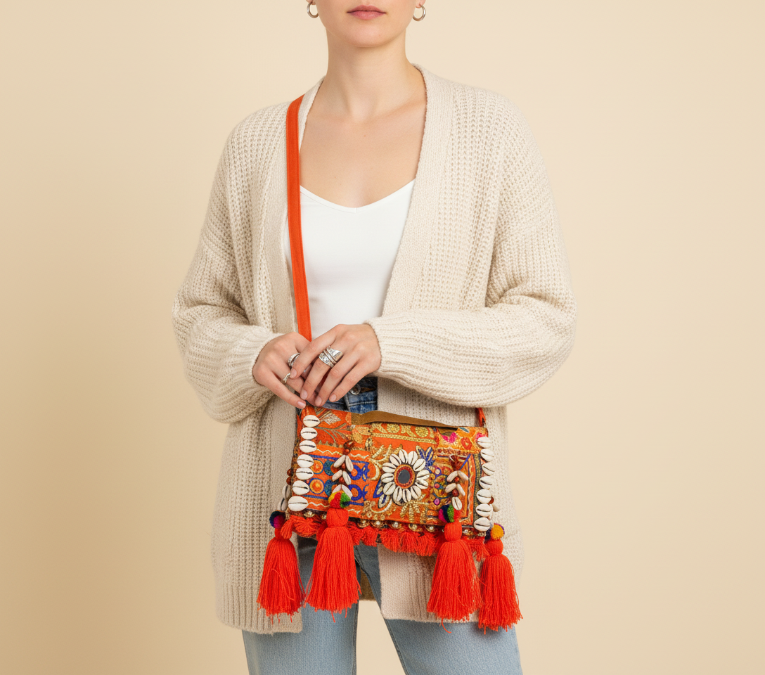 Shell Tassel Sandhya crossbody bag side view showing depth