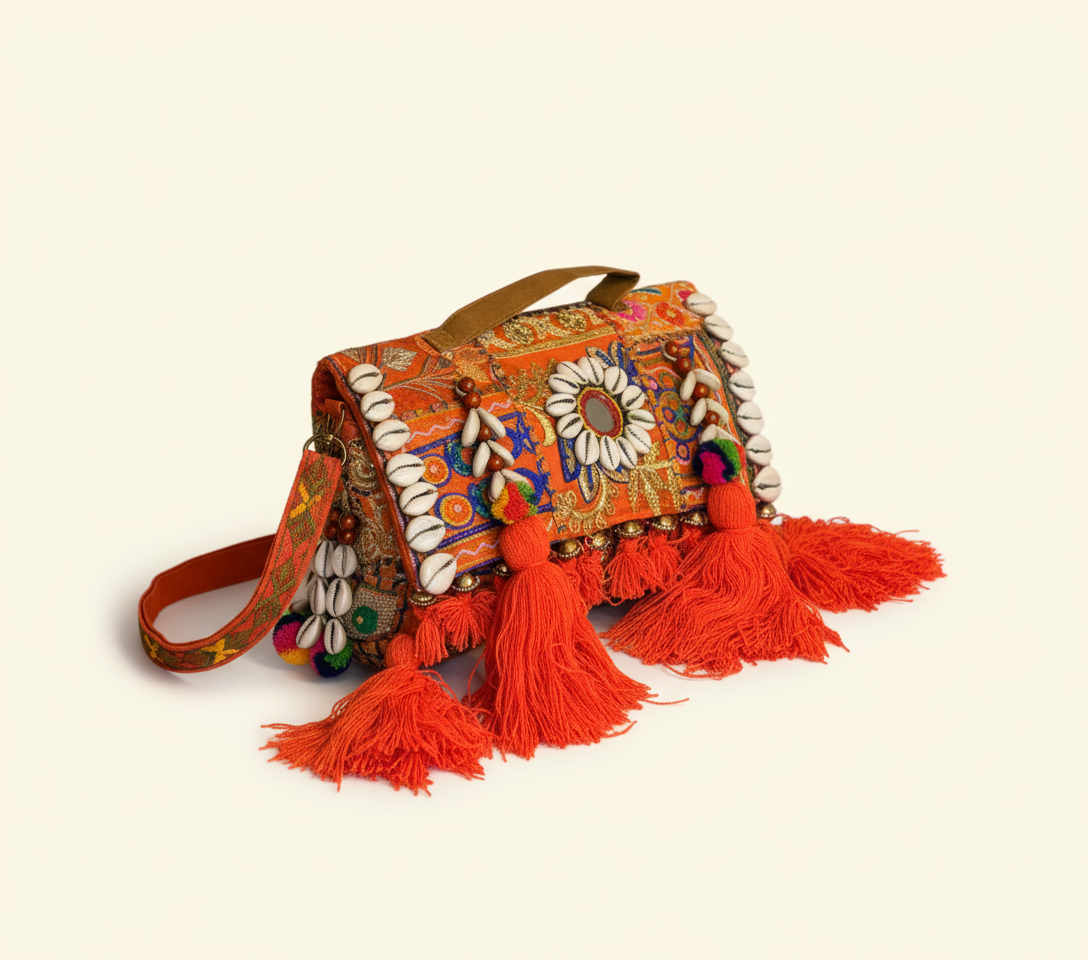 Close-up of Sandhya cowrie shell & tassel detail
