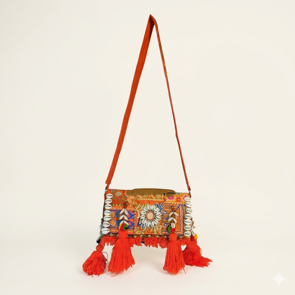 Model walking with Shell Tassel Sandhya crossbody bag — lifestyle shot