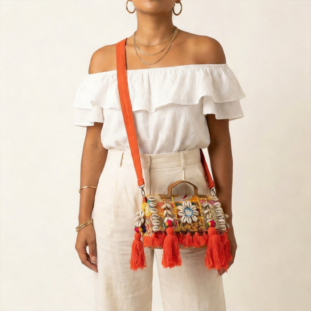 Shell Tassel Moonga crossbody bag front view — Mystic Dhaga