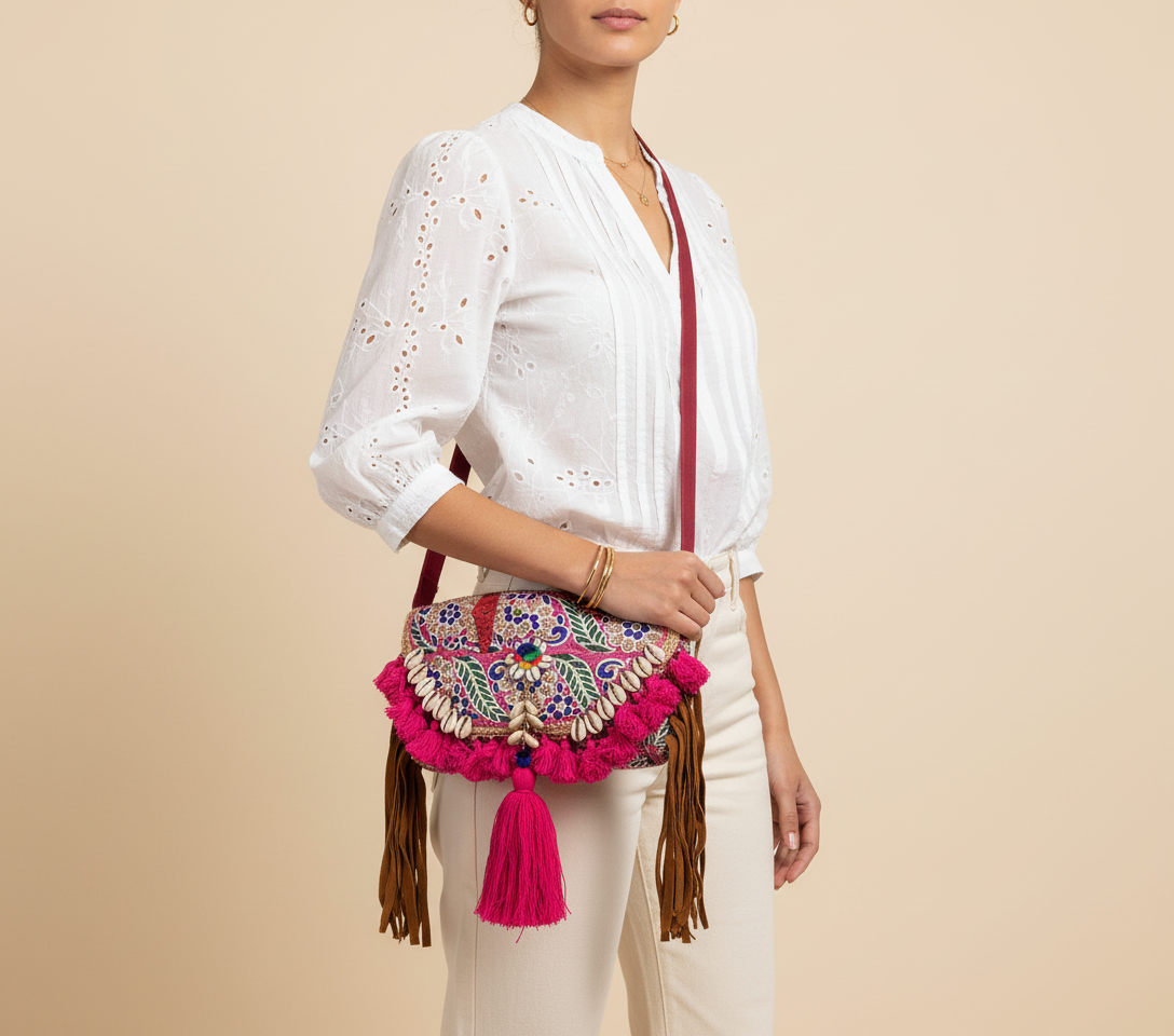Shell Tassel Gulbahar crossbody bag front view — Mystic Dhaga