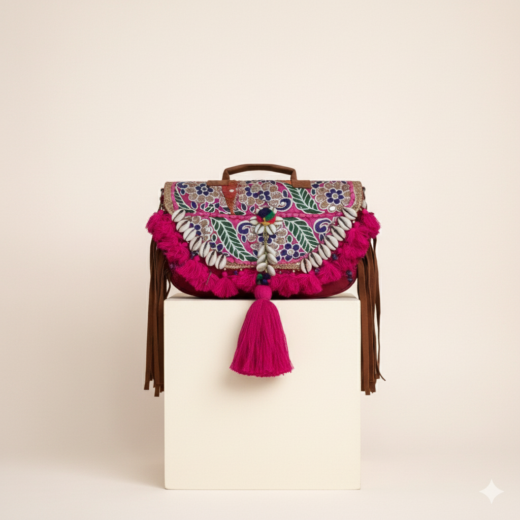 Close-up of Gulbahar cowrie shell & tassel detail
