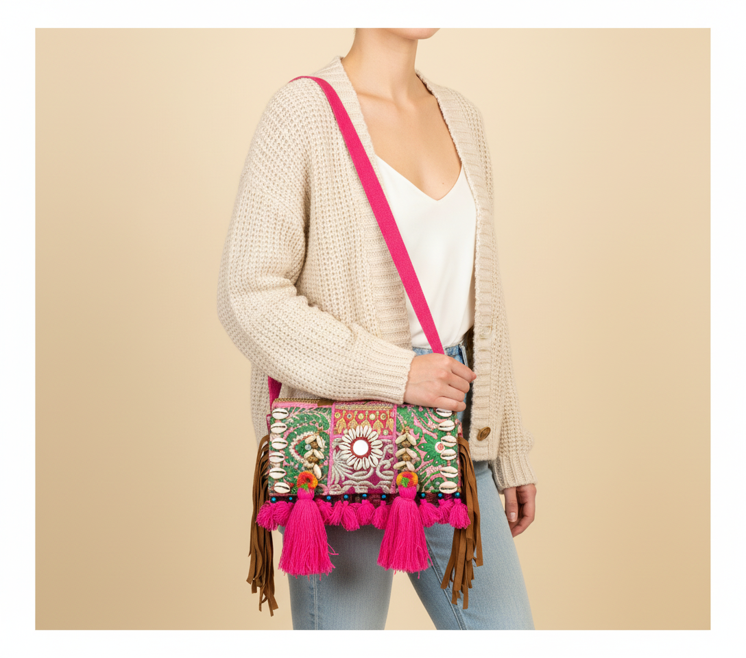 Shell Tassel Gulaabi crossbody bag front view — Mystic Dhaga