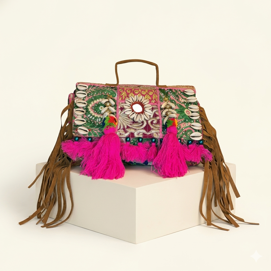Shell Tassel Gulaabi crossbody bag side view showing depth
