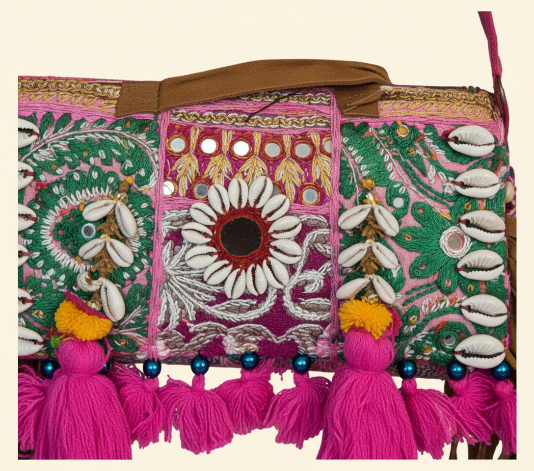 Close-up of Gulaabi cowrie shell & tassel detail