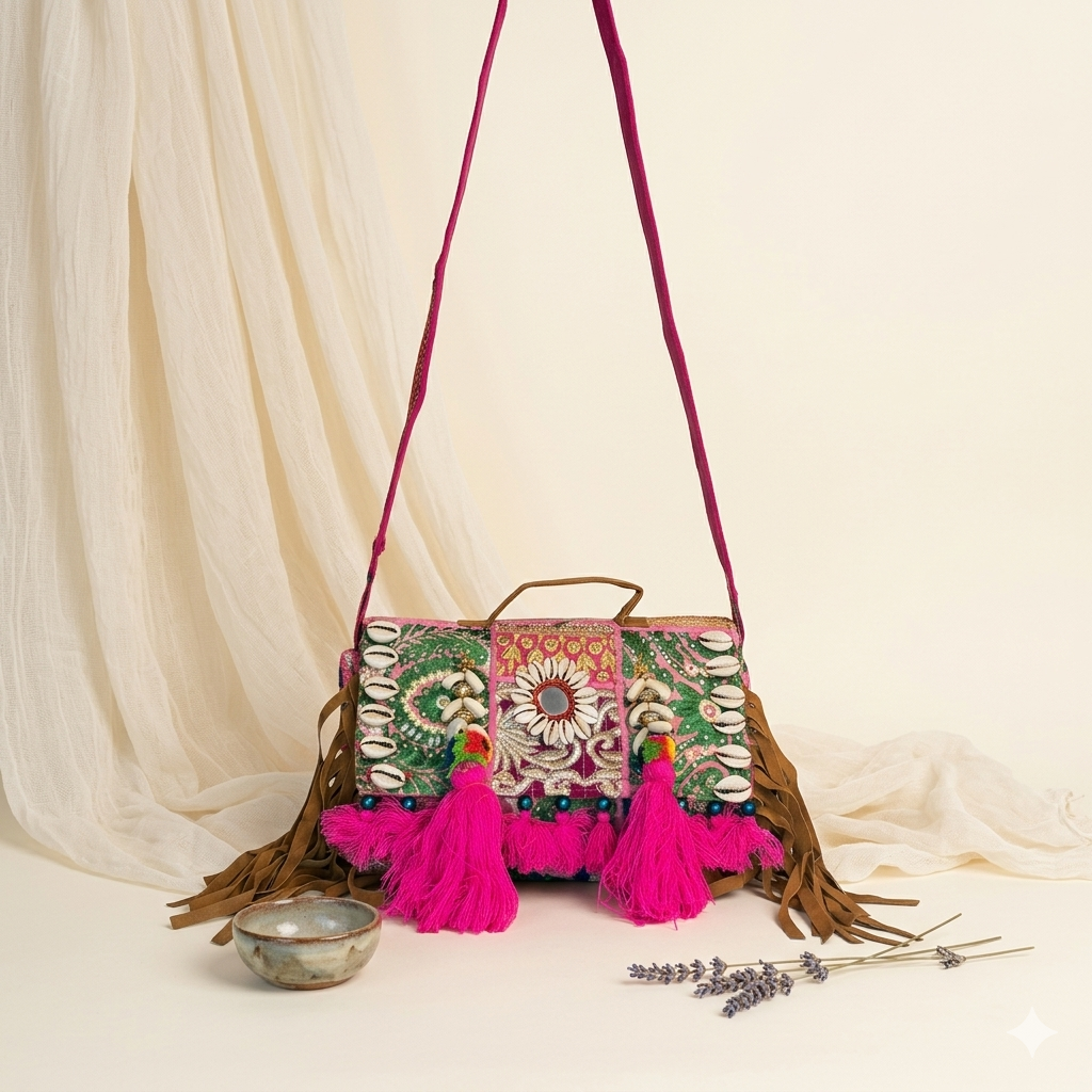Model carrying Shell Tassel Gulaabi crossbody bag — boho style