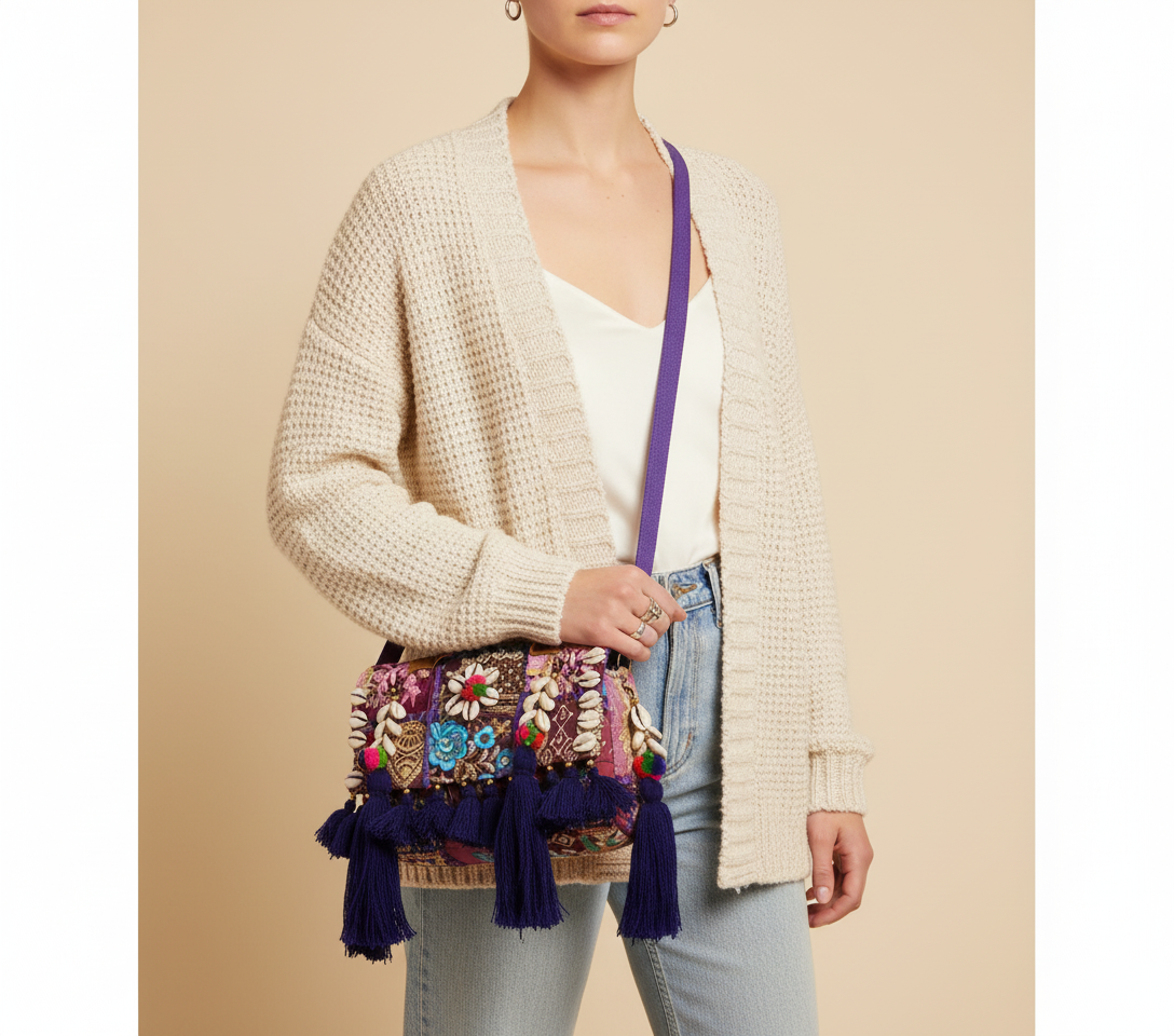 Shell Tassel Jamuni crossbody bag front view — Mystic Dhaga