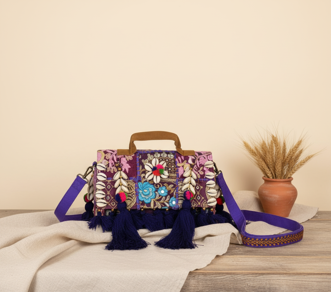 Model carrying Shell Tassel Jamuni crossbody bag — boho style