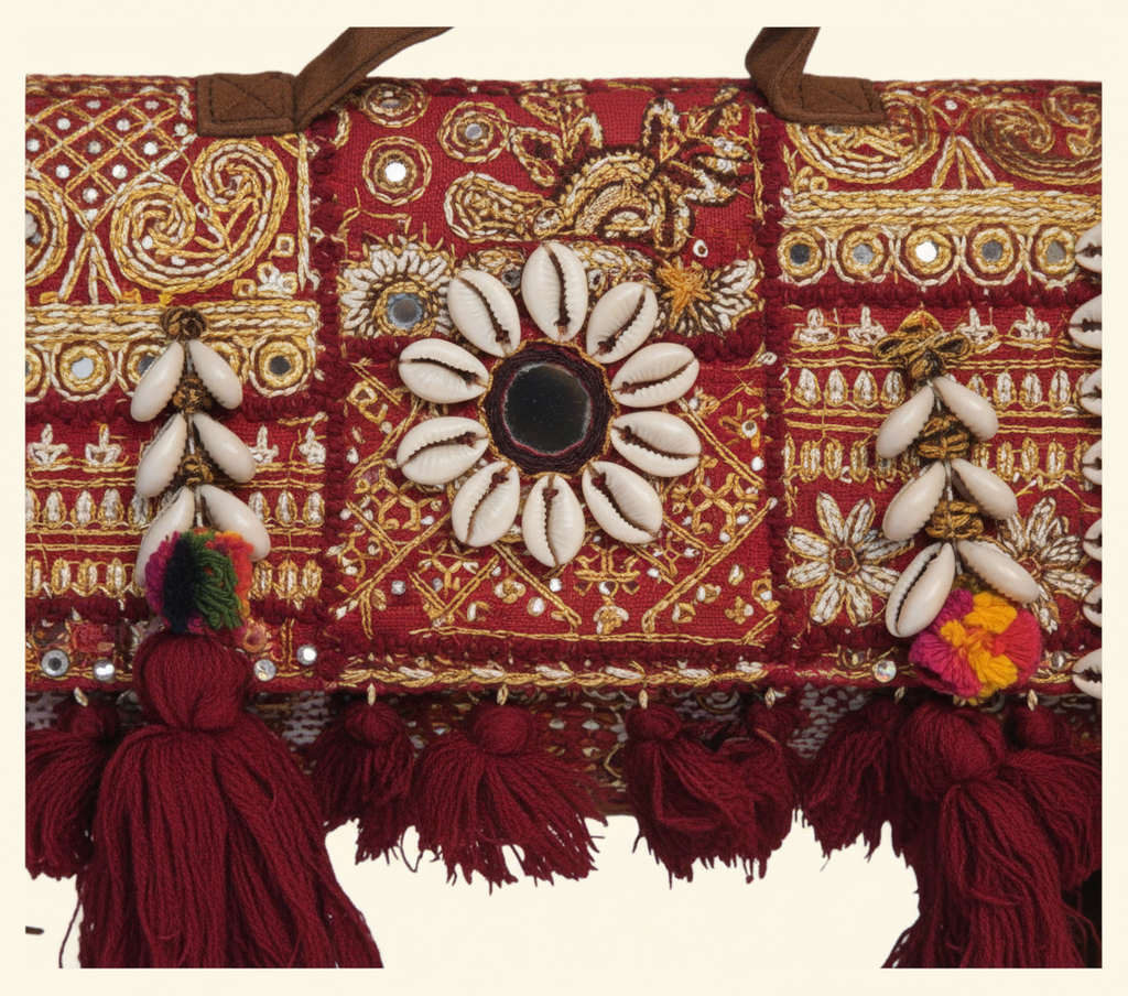 Close-up of Manik cowrie shell & tassel detail