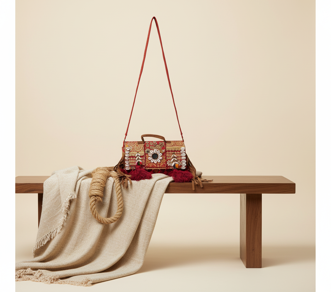 Model walking with Shell Tassel Manik crossbody bag — lifestyle shot