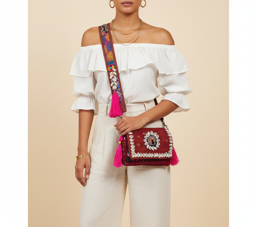 Shell Tassel Kumkum crossbody bag front view — Mystic Dhaga