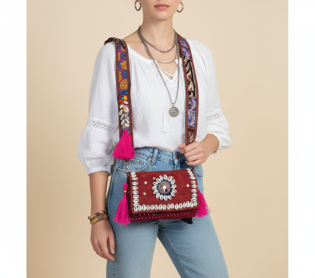 Shell Tassel Kumkum crossbody bag side view showing depth