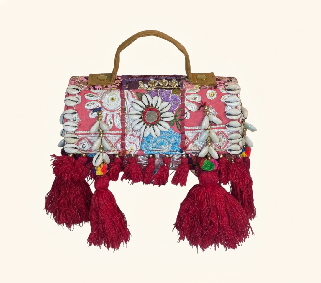 Shell Tassel Tambra crossbody bag front view — Mystic Dhaga