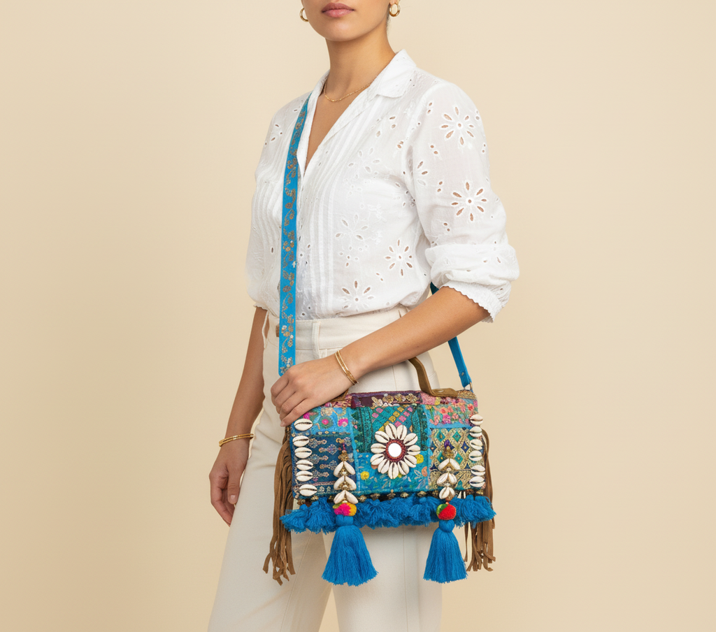 Shell Tassel Firoza crossbody bag front view — Mystic Dhaga