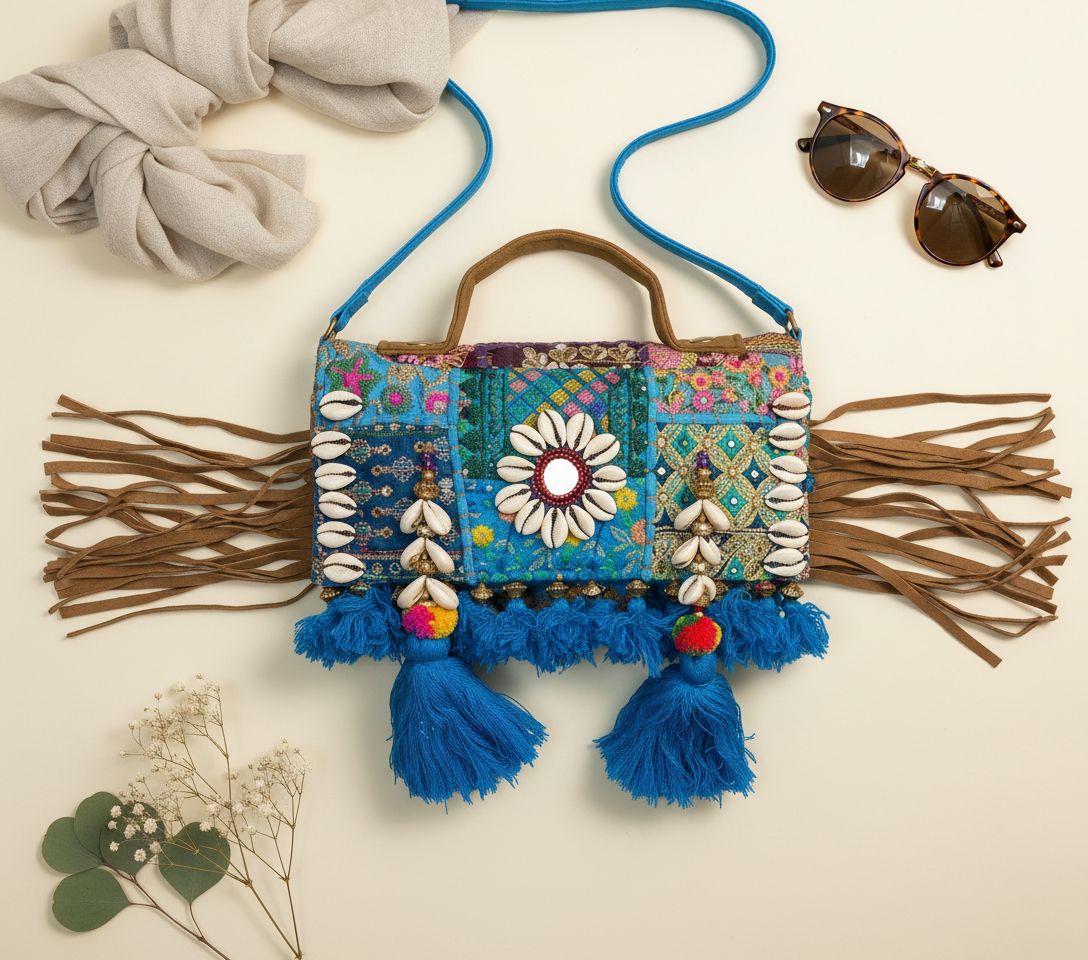 Shell Tassel Firoza crossbody bag side view showing depth
