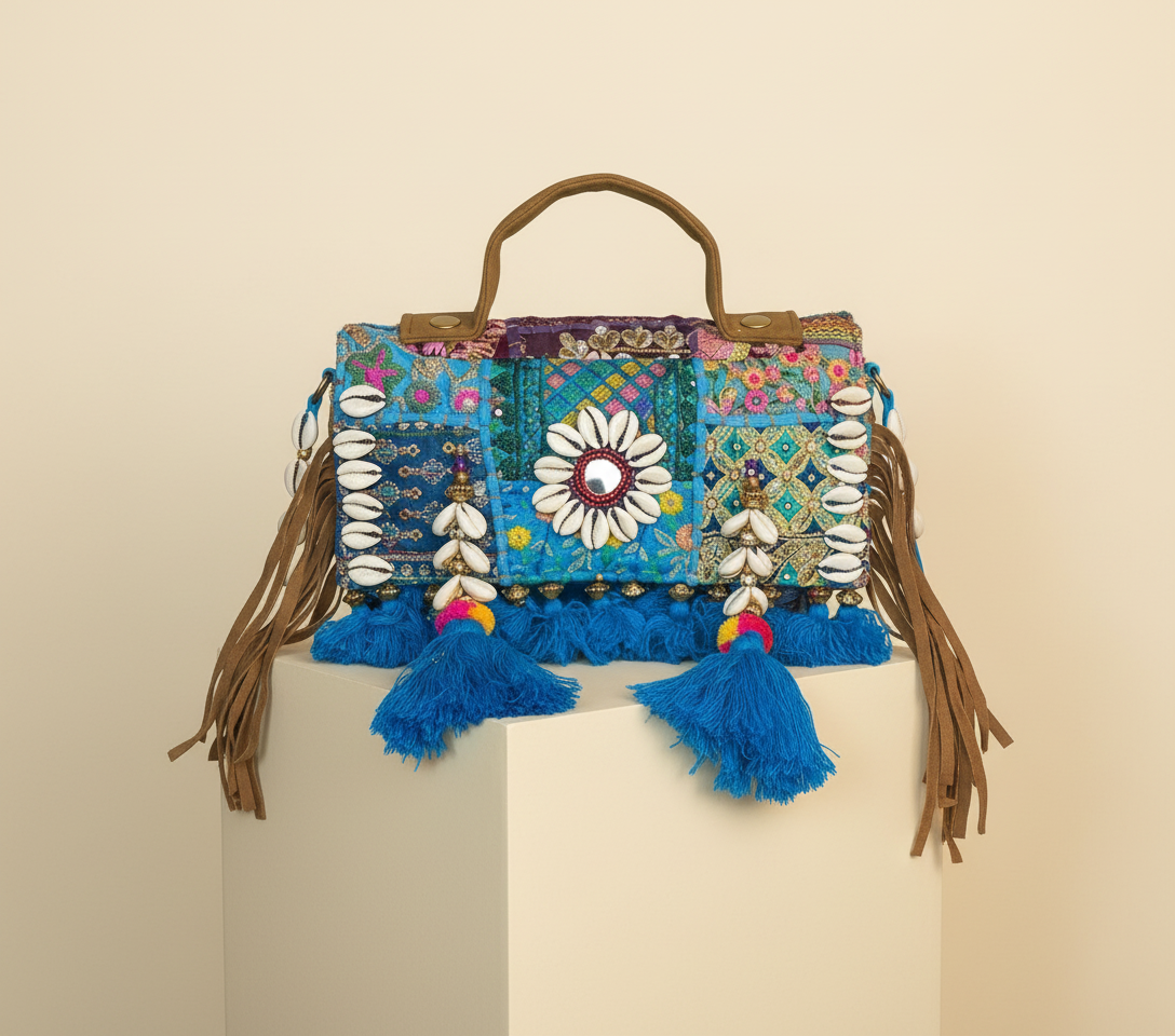 Close-up of Firoza cowrie shell & tassel detail