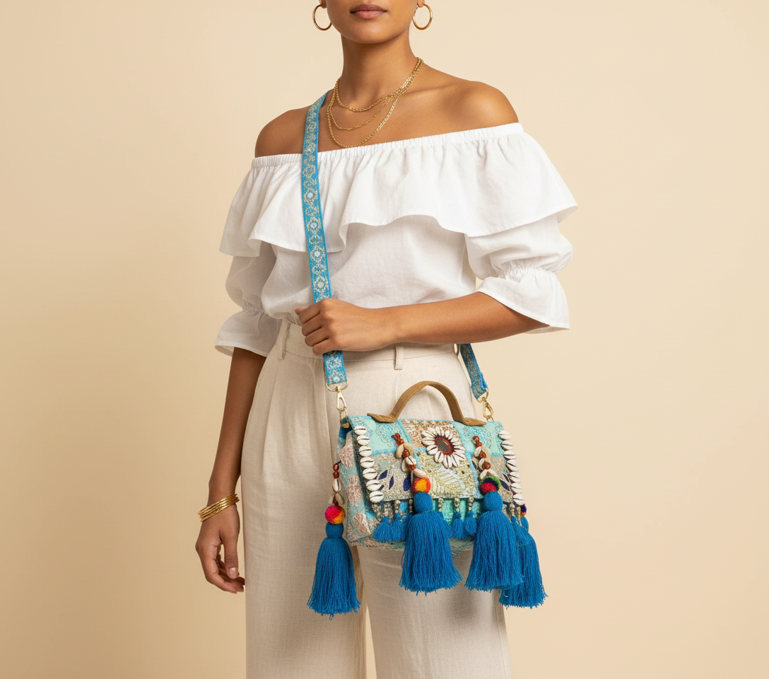 Shell Tassel Surajmukhi crossbody bag front view — Mystic Dhaga