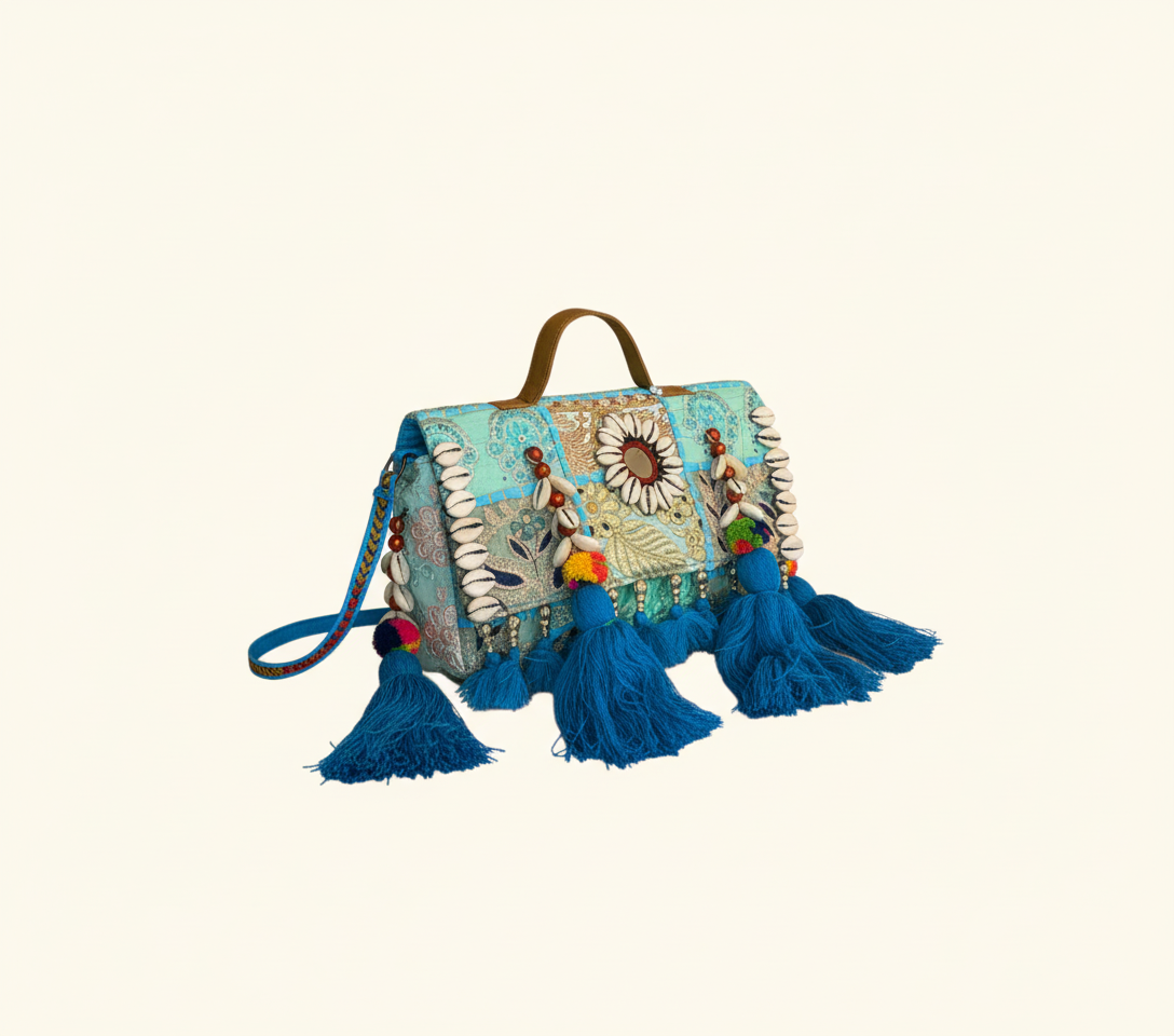 Model carrying Shell Tassel Surajmukhi crossbody bag — boho style
