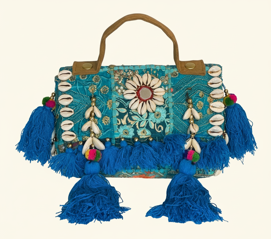 Shell Tassel Ambar crossbody bag front view — Mystic Dhaga