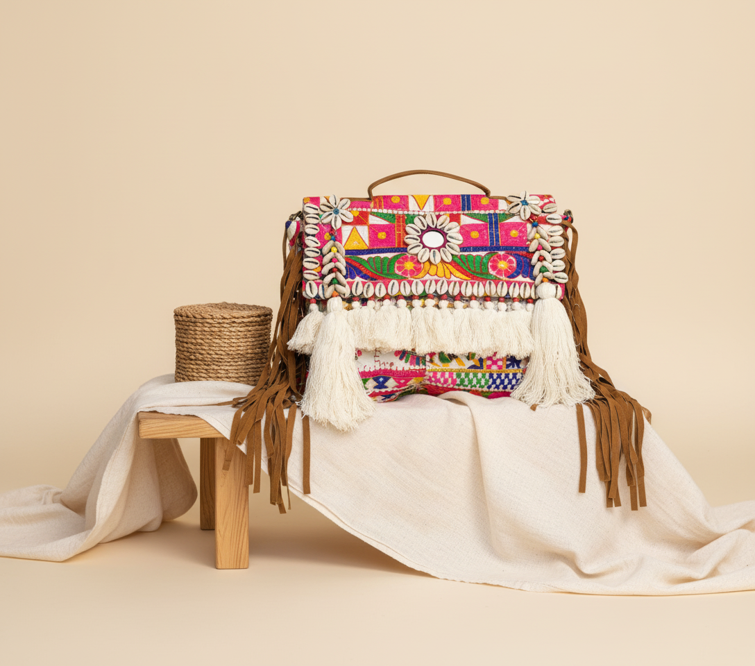 Shell Tassel Dugdh crossbody bag front view — Mystic Dhaga