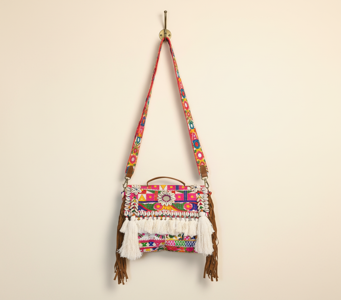 Model carrying Shell Tassel Dugdh crossbody bag — boho style