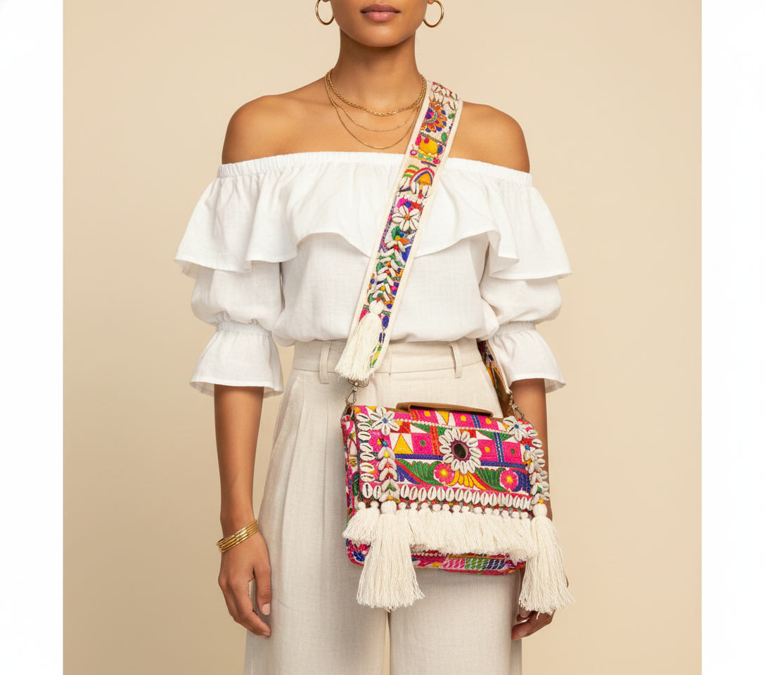 Model walking with Shell Tassel Dugdh crossbody bag — lifestyle shot