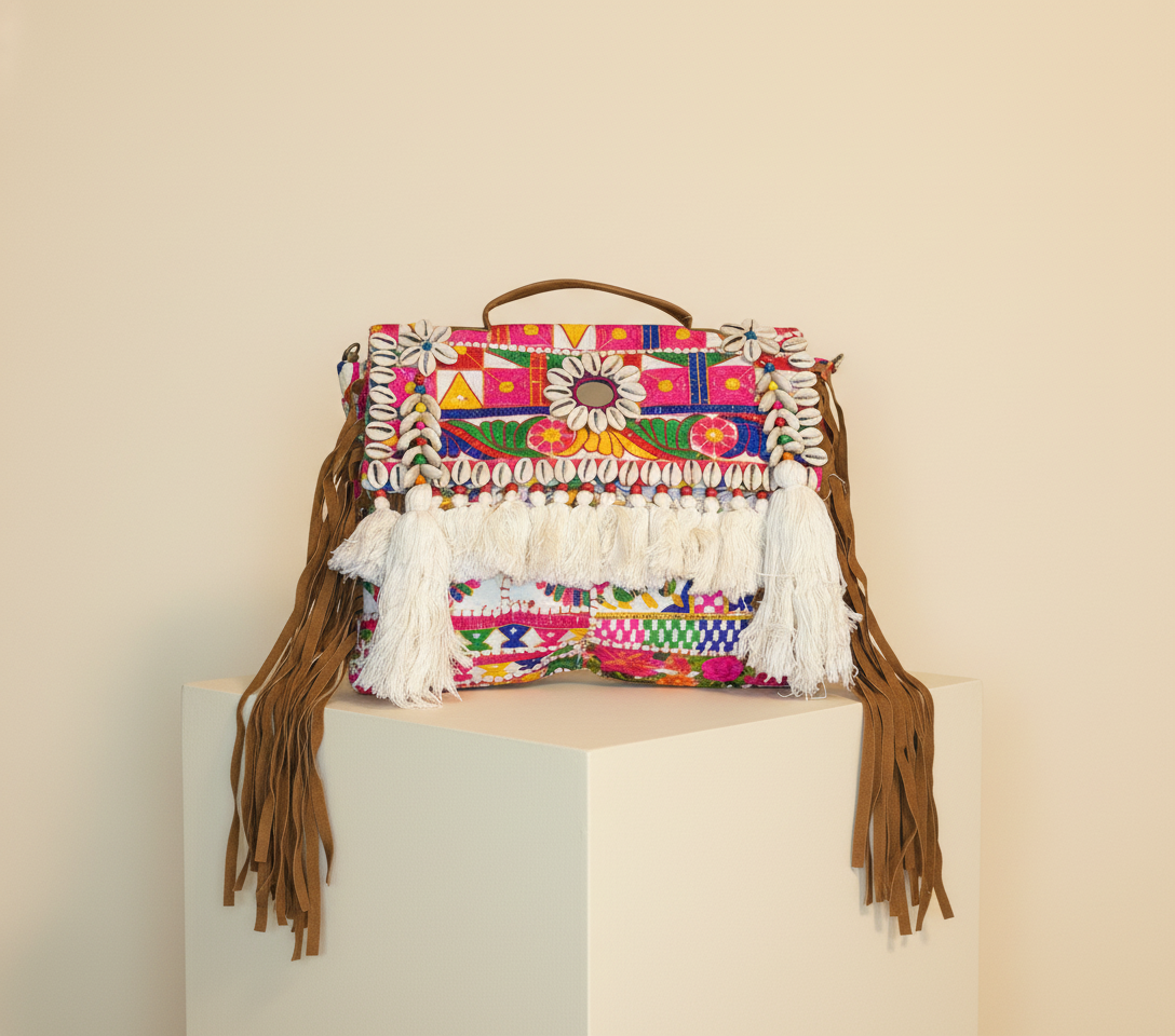 Shell Tassel Dugdh crossbody bag styled on hook — Mystic Dhaga