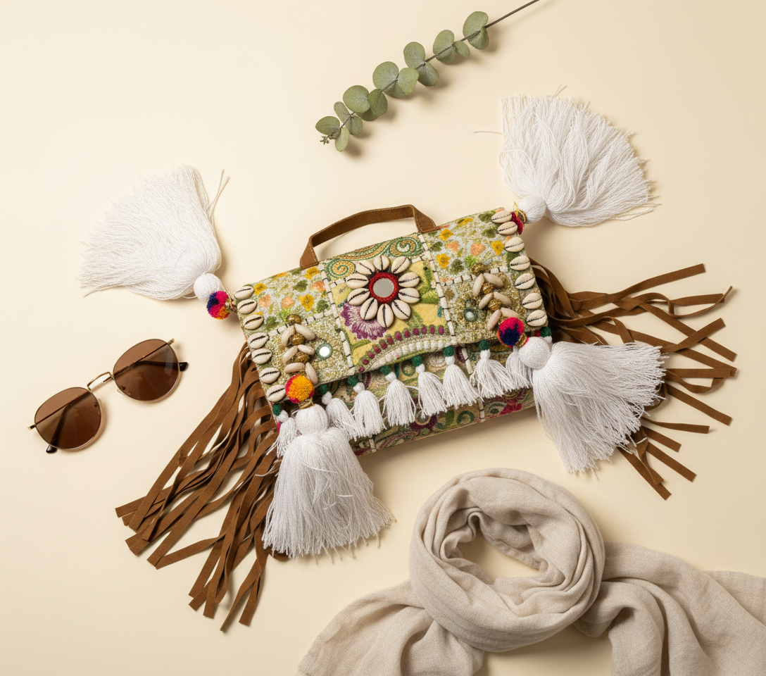 Shell Tassel Karpas crossbody bag front view — Mystic Dhaga