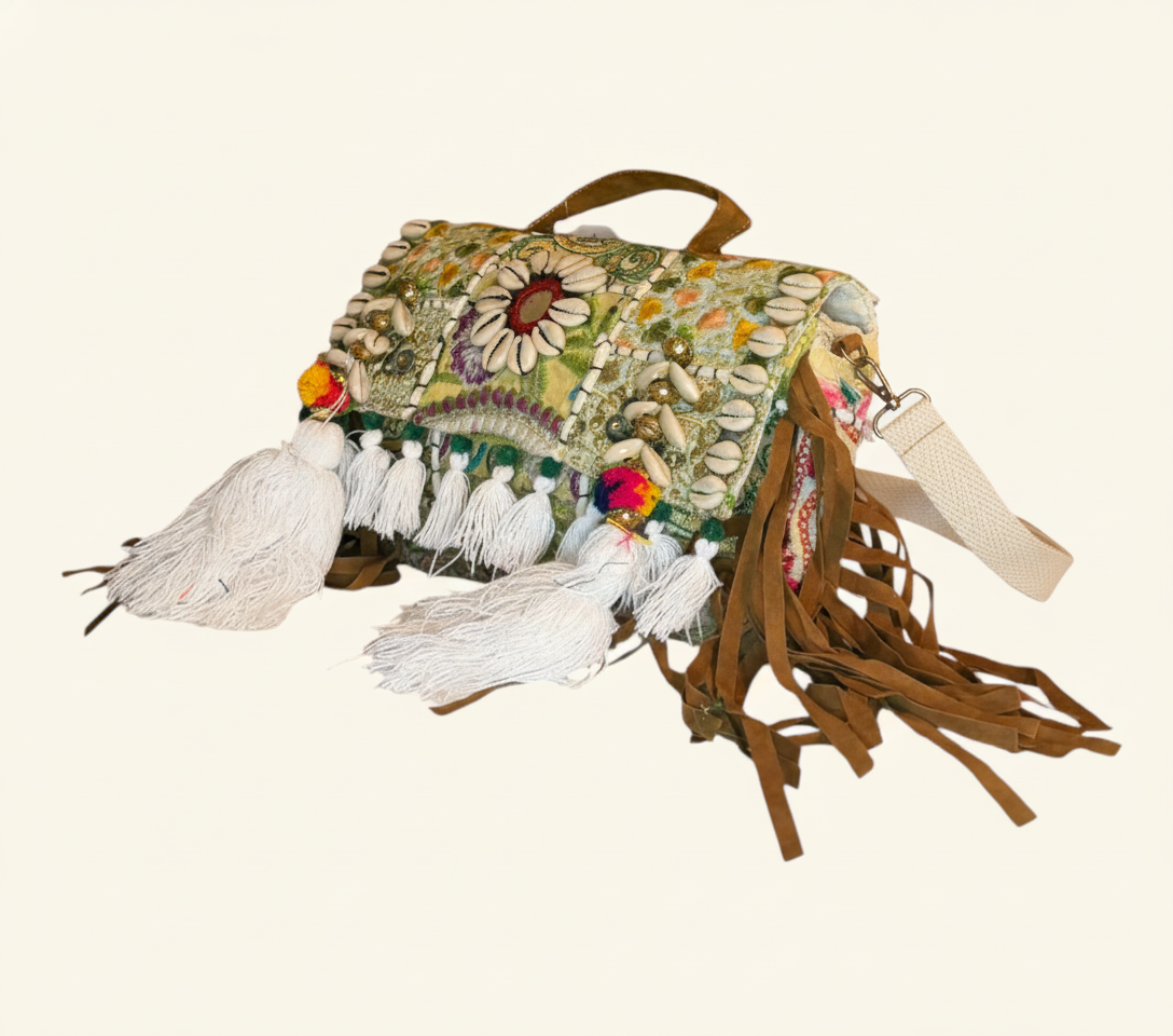 Shell Tassel Karpas crossbody bag side view showing depth