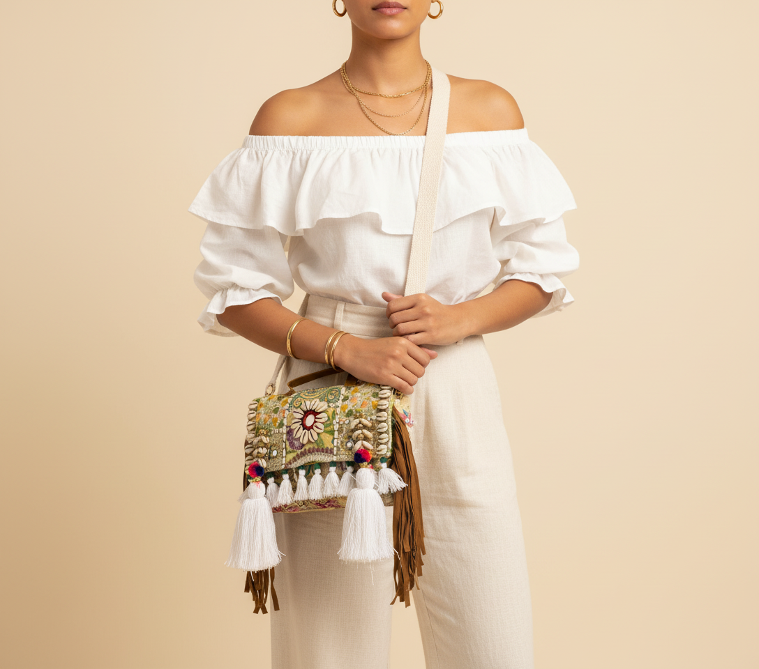 Close-up of Karpas cowrie shell & tassel detail