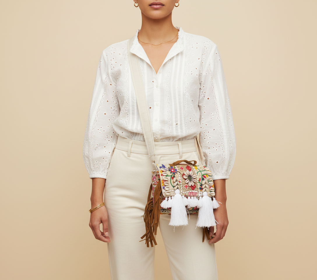 Shell Tassel Shubhra crossbody bag front view — Mystic Dhaga