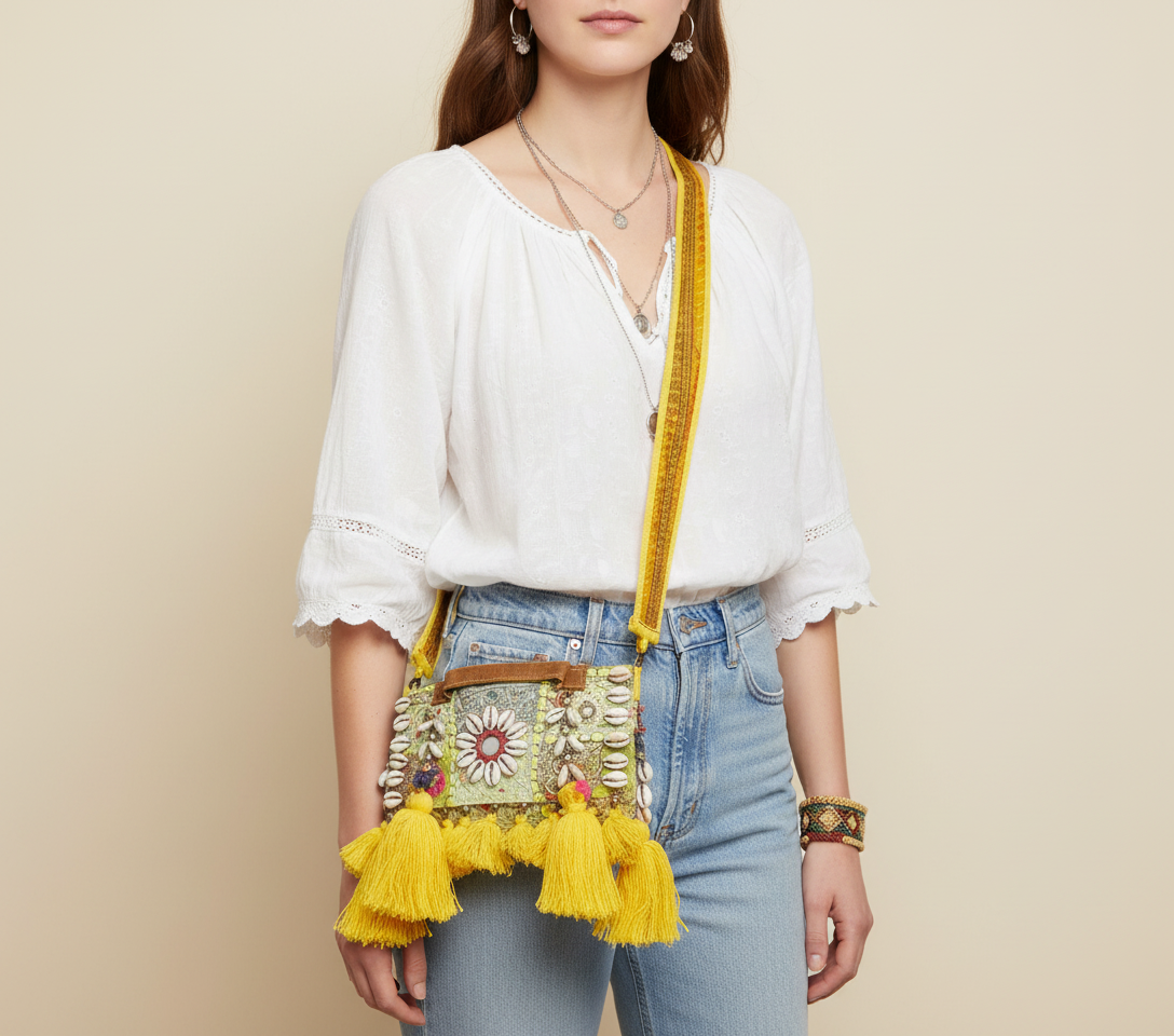 Shell Tassel Pitambari crossbody bag front view — Mystic Dhaga