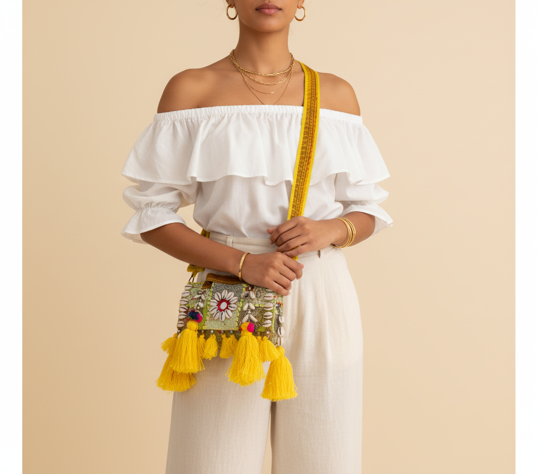 Shell Tassel Pitambari crossbody bag side view showing depth